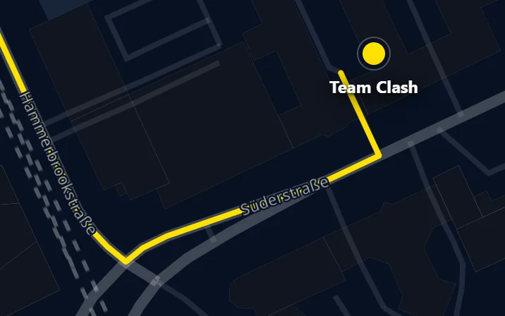Kartenausschnitt: der Fußweg vom Bahnhof Hammerbrook durch die Süderstraße bis zu unserem Eingang