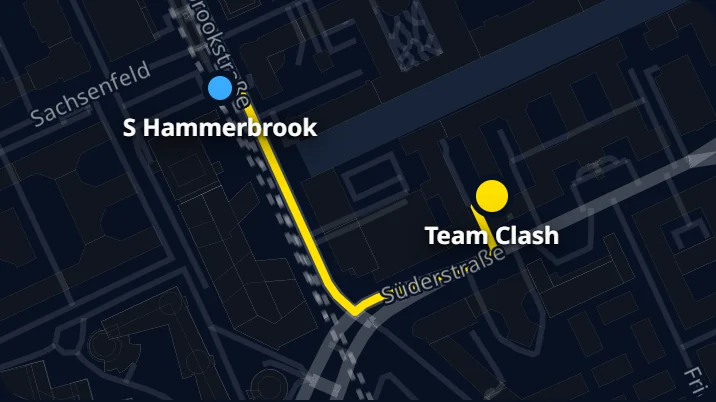Kartenausschnitt Hammerbrook mit dem Bahnhof Hammerbrook, dem Fußweg durch die Hammerbrookstraße und Team Clash in der Süderstraße